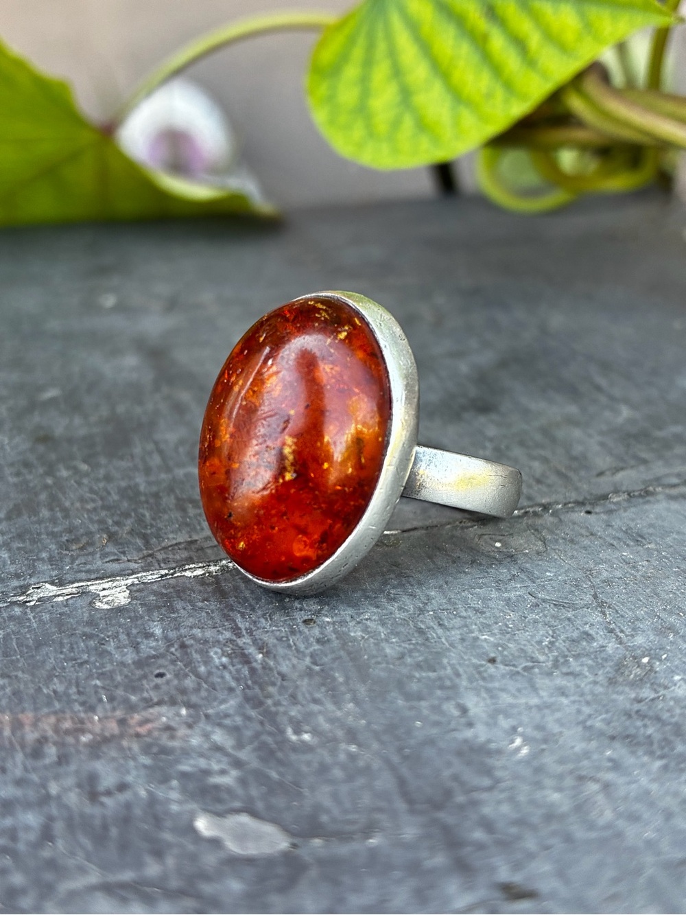 Vintage 60s Amber Cabochon Sterling Silver Ring